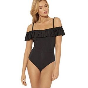 Bleu Rod Beattie Ruffle Me Up Off-The-Shoulder Banded Mio One-Piece Black 8 NWT
